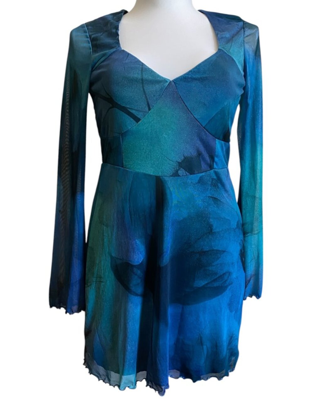 PrettyLittleThing Blue Blur Floral Mesh Shift Dress US 12 NWT